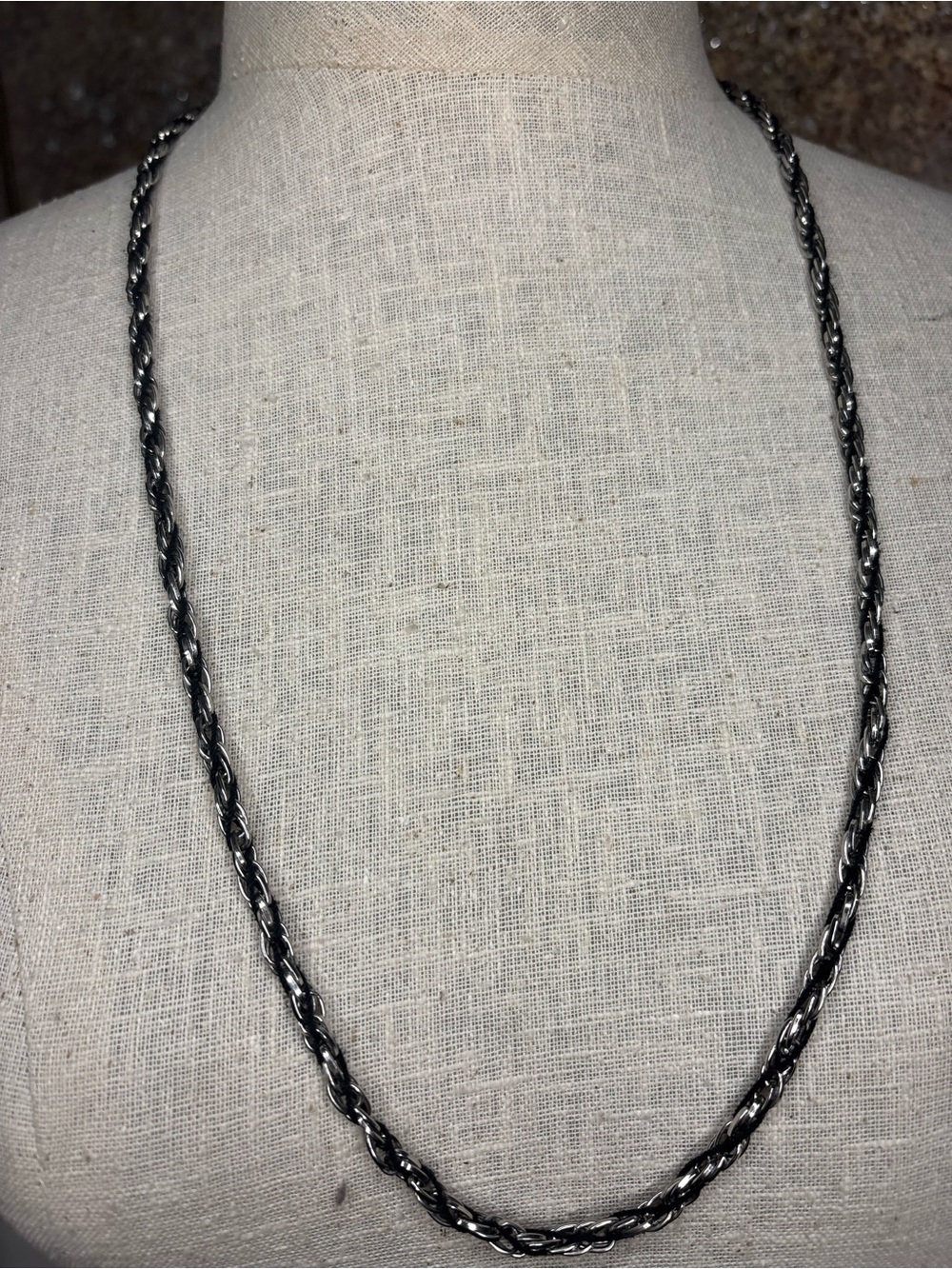Unisex Silver Tone & Black Twisted Rope Chain Necklace Mixed Media Y2K